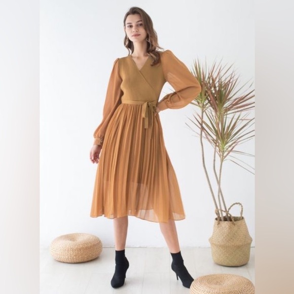 [WOMEN] CHIC WISH Knit Chiffon Dress S/M Caramel Brown Fall - Picture 8 of 10